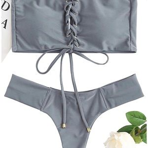 Womens Criss Cross Lace Up Bandeau Bikini Set